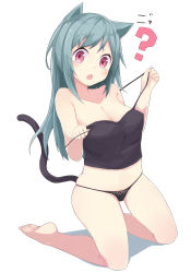 Rule 34 | 1girl, ?, absurdres, animal ears, aqua hair, black panties, blush, breasts, camisole, cat ears, cat tail, chestnut mouth, cleavage, highres, kneeling, kou mashiro, long hair, navel, open mouth, original, panties, pink eyes, solo, strap pull, tail, underwear, underwear only