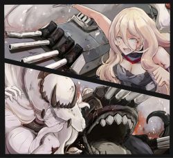Rule 34 | 2girls, beret, blonde hair, blue eyes, blush, breasts, broken, broken weapon, closed mouth, comic, covered eyes, fire, french battleship princess, hair between eyes, hat, highres, horns, kantai collection, large breasts, long hair, mizuchi (mizuchi7118), mole, mole under eye, multiple girls, open mouth, pale skin, richelieu (kancolle), scarf, smile, smoke, torn clothes, turret, weapon