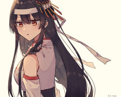 Rule 34 | 1girl, bad id, bad pixiv id, black hair, blush, breasts, detached sleeves, floral print, fusou (kancolle), fusou kai ni (kancolle), hair between eyes, hair ornament, headband, headgear, japanese clothes, kantai collection, large breasts, long hair, obi, open mouth, parted lips, saitu miki, sash, sidelocks, simple background, solo, upper body, yellow background