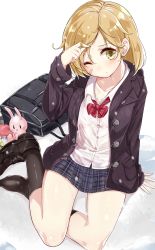 Rule 34 | 10s, 1girl, absurdres, bag, bandaid, bandaid on face, bell, black footwear, black skirt, black socks, blonde hair, bow, bowtie, twirling hair, hamaken. (novelize), highres, jacket, jingle bell, kantai collection, kneehighs, loafers, long sleeves, looking at viewer, md5 mismatch, miniskirt, oboro (kancolle), playing with own hair, red bow, red bowtie, resolution mismatch, school bag, school uniform, shirt, shoes, short hair, simple background, single shoe, sitting, skirt, socks, solo, source larger, stuffed animal, stuffed toy, white background, white shirt, yellow eyes