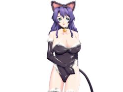 Rule 34 | 1girl, animal ears, asaga aoi, bare shoulders, bell, blue hair, breasts, cat ears, cat tail, catsuit, cleavage, collar, elbow gloves, fur, fur trim, game cg, gloves, green eyes, large breasts, long hair, looking at viewer, neck bell, okaa-san to naisho, okaasan to naisho, simple background, solo, standing, tail