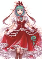 Rule 34 | 1girl, :d, aqua eyes, aqua hair, arm ribbon, boots, breasts, brown footwear, corset, cross-laced footwear, dress, floral background, frilled dress, frills, front ponytail, hair ribbon, highres, kageharu, kagiyama hina, knee boots, looking at viewer, medium breasts, open mouth, puffy short sleeves, puffy sleeves, red dress, ribbon, short sleeves, skirt hold, smile, solo, touhou, white background, wrist cuffs