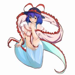 Rule 34 | 1girl, :d, blush, bow, breasts, crop top, female focus, finger to mouth, fish, frills, hat, hat bow, hat ribbon, kneeling, long tail, looking at viewer, medium breasts, mermaid, mole, mole under mouth, monaka (mentsukidou), monster girl, nagae iku, navel, nipples, no bra, nude, oarfish, open mouth, purple hair, red eyes, ribbon, seductive smile, see-through, shawl, shimuro (mentsukidou), short hair, simple background, smile, solo, tail, touhou, white background