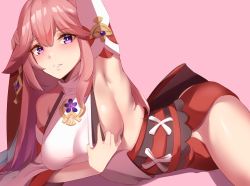 Rule 34 | 1girl, animal ears, arm up, armpits, bare shoulders, blouse, blush, breasts, detached sleeves, fox ears, genshin impact, grin, hair ornament, haneramu, highres, japanese clothes, jewelry, kimono, large breasts, long hair, looking at viewer, lying, necklace, on stomach, pendant, pink hair, presenting, presenting armpit, purple eyes, red skirt, shirt, sideboob, sidelocks, skirt, sleeveless, sleeveless kimono, sleeveless shirt, smile, solo, thighs, very long hair, white kimono, white shirt, wide sleeves, yae miko