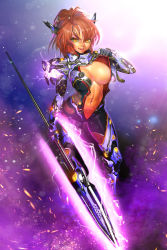 Rule 34 | 1girl, bodysuit, breasts, brown eyes, brown hair, center opening, highres, large breasts, lightning, looking at viewer, lucknight, navel, original, polearm, ponytail, science fiction, short hair, smile, solo, sparks, weapon, yellow eyes