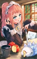 Rule 34 | 1girl, apple, apron, blue eyes, creatures (company), crossover, eiscue, eiscue (ice), elbow gloves, felicia (fire emblem), fire emblem, fire emblem fates, food, fruit, fuussu (21-kazin), game freak, gen 8 pokemon, gloves, highres, holding, holding knife, indoors, knife, looking at viewer, maid, maid apron, maid headdress, nintendo, pink hair, pokemon, pokemon (creature), ponytail, smile, snom