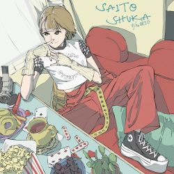 Rule 34 | 1girl, birthday, brown eyes, brown hair, card, character name, commentary, cup, curtains, dated, doughnut, elbow gloves, english text, fingerless gloves, food, fork, gloves, mug, nail polish, playing card, popcorn, real life, red nails, rei (yousuru ), saitou shuka, short hair, sitting, solo, table, video camera
