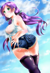 Rule 34 | 10s, 1girl, ass, bare shoulders, blush, breasts, covered erect nipples, curvy, denim, denim shorts, female focus, from behind, green eyes, hair ribbon, huge ass, kasugano tobari, large breasts, long hair, looking back, love live!, love live! school idol project, low twintails, parted lips, purple hair, purple thighhighs, ribbon, see-through, shiny clothes, shiny skin, short shorts, shorts, sideboob, sky, solo, standing, thighhighs, tojo nozomi, twintails, wide hips