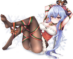 Rule 34 | 1girl, absurdres, ahoge, alternate costume, arms up, bell, belt, black pantyhose, blue hair, blush, bound, bow, breasts, choker, christmas, cleavage, curled horns, embarrassed, feet, full body, ganyu (genshin impact), genshin impact, highres, horns, knees up, long hair, looking at viewer, medium breasts, multicolored eyes, nahanmin, neck bell, no shoes, nose blush, panties, panties under pantyhose, pantyhose, pantyshot, ribbon, ribbon bondage, santa costume, sidelocks, sitting, snowflakes, soles, solo, underbust, underwear, white panties