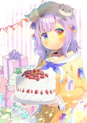 Rule 34 | 1girl, animal, animal on head, animal request, blue eyes, blue neckwear, blush, box, breasts, brown eyes, cake, character request, closed mouth, dress, food, fruit, gift, gift box, heterochromia, holding, holding plate, indie virtual youtuber, kou hiyoyo, long sleeves, looking at viewer, medium breasts, on head, pennant, plate, puffy long sleeves, puffy sleeves, purple hair, sailor collar, sailor dress, sleeves past wrists, smile, solo, strawberry, string of flags, striped, striped background, vertical stripes, virtual youtuber, white sailor collar, yellow dress, yellow eyes