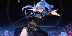 Rule 34 | 1girl, audience, belt, black gloves, black nails, blue eyes, blue hair, breasts, crowd, earrings, floating hair, gloves, grin, high ponytail, highres, hololive, hoshimachi suisei, hoshimachi suisei (shout in crisis), jewelry, long hair, microphone, multiple belts, night, night sky, official alternate costume, open hand, outstretched arm, raeis, short shorts, shorts, single glove, sky, small breasts, smile, solo, stadium, star (symbol), star in eye, stud earrings, symbol in eye, very long hair, virtual youtuber