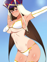Rule 34 | 1girl, armpits, bikini, blush, breasts, brown eyes, brown hair, cleavage, detached sleeves, earrings, fate/grand order, fate (series), highres, hoop earrings, jewelry, kagemusha, large breasts, long hair, looking at viewer, one-piece tan, ring, skindentation, solo, swimsuit, tan, tanline, thighhighs, thighs, very long hair, white bikini, white thighhighs, xuangzang sanzang (fate)