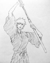 1girl bleach kotetsu_isane looking_at_viewer monochrome rakusakugk shikai short_hair simple_background solo standing sword weapon white_hair zanpakutou