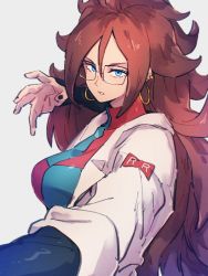 Rule 34 | 1girl, android 21, black nails, blue eyes, breasts, dragon ball, dragon ball fighterz, earrings, fingernails, glasses, hair between eyes, hoop earrings, jewelry, kemachiku, lab coat, long hair, looking at viewer, medium breasts, nail polish, red hair, red ribbon army, solo, upper body