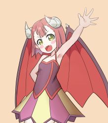 Rule 34 | 1girl, absurdres, arm behind back, arm up, armpits, bare shoulders, blush, blush stickers, breasts, child, collarbone, demon girl, demon wings, endro!, fangs, female focus, green eyes, happy, highres, horns, looking at viewer, mao (endro!), miniskirt, multicolored clothes, multicolored skirt, open mouth, orange background, pink hair, pointy ears, purple shirt, shirt, short hair, shougun (chuckni1), simple background, skirt, sleeveless, sleeveless shirt, small breasts, smile, solo, spaghetti strap, spikes, standing, waving, wings