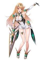 Rule 34 | 1girl, :d, aegis sword (xenoblade), armpits, bare legs, bare shoulders, blonde hair, breasts, chest jewel, cleavage, cleavage cutout, clothing cutout, dress, earrings, elbow gloves, full body, gloves, highres, jewelry, large breasts, leaning forward, legs, long hair, long legs, matrix16, mythra (xenoblade), nintendo, open mouth, short dress, smile, standing, swept bangs, sword, thigh strap, tiara, very long hair, weapon, white background, white dress, white footwear, white gloves, xenoblade chronicles (series), xenoblade chronicles 2, yellow eyes