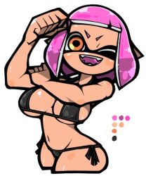 1girl ;d bare_arms bare_shoulders bikini black_bikini bras_d&#039;honneur breasts cleavage clenched_hand color_guide cowboy_shot cropped_legs fangs groin hand_on_own_arm inkling inkling_girl inkling_player_character large_breasts micro_bikini name_omoitukan2 navel nintendo one_eye_closed open_mouth orange_eyes pink_hair pointy_ears shiny_skin short_hair side-tie_bikini_bottom simple_background smile solo splatoon_(series) swimsuit teeth tentacle_hair thick_lineart underboob white_background