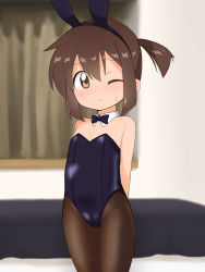 Rule 34 | 1girl, absurdres, animal ears, arms behind back, bakusou kyoudai let&#039;s &amp; go!!, bare shoulders, bed, bedroom, black leotard, black pantyhose, bow, bowtie, brown eyes, brown hair, commentary request, curtains, detached collar, fake animal ears, flat chest, groin, highres, indoors, leotard, one eye closed, pantyhose, playboy bunny, ponytail, rabbit ears, sagami jun, short hair, solo, strapless, strapless leotard, thighs, uno (mon chat noir)