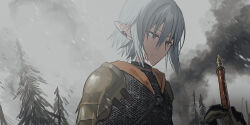 Rule 34 | 1boy, armor, black gloves, blue eyes, chainmail, chihuri, final fantasy, final fantasy xiv, gloves, grey hair, hair between eyes, haurchefant greystone, highres, male focus, outdoors, overcast, parted lips, pointy ears, sky, smoke, snowing, solo, sword, tree, weapon