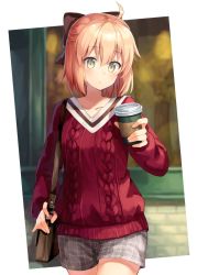 Rule 34 | 1girl, ahoge, aran sweater, bag, black bow, blush, bow, breasts, brown hair, cable knit, closed mouth, coffee cup, collarbone, cup, disposable cup, expressionless, fate/grand order, fate (series), grey eyes, hair bow, handbag, holding, holding cup, long sleeves, looking at viewer, medium breasts, nonono (nononotea), okita souji (fate), okita souji (koha-ace), red sweater, short hair, solo, sweater