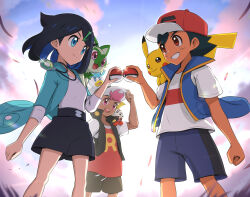 Rule 34 | 1girl, 2boys, ash ketchum, baseball cap, black hair, black jacket, blue eyes, blue jacket, blue sky, brown eyes, commentary, creatures (company), english commentary, fuecoco, game freak, gen 1 pokemon, gonzarez, grin, hair ornament, hairpin, hat, highres, jacket, jewelry, liko (pokemon), long sleeves, mixed-language commentary, multiple boys, necklace, nintendo, open clothes, open jacket, pikachu, pink eyes, pink hair, poke ball, pokemon, pokemon (anime), pokemon (creature), pokemon horizons, pokemon journeys, pokemon horizons, quaxly, roy (pokemon), shirt, short hair, short sleeves, shorts, sky, smile, sprigatito