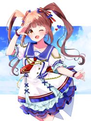 Rule 34 | 1girl, ;d, blue sky, blunt bangs, blush, bow, clothing cutout, cloud, dress, hair bow, heart, highres, idol, idolmaster, idolmaster million live!, long hair, looking at viewer, matsuda arisa, one eye closed, open mouth, red hair, sailor dress, salute, shoulder cutout, sky, smile, solo, twintails, very long hair, wristband, yuanagae