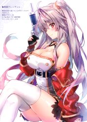 Rule 34 | 1girl, absurdres, ass, azur lane, bare shoulders, blush, breasts, buttons, cleavage, crossed legs, finger on trigger, fingerless gloves, from side, gloves, grenville (azur lane), grin, gun, hair ornament, halterneck, handgun, highres, jacket, large breasts, light purple hair, long hair, looking at viewer, off shoulder, one side up, open mouth, parted lips, purple hair, red eyes, red jacket, revolver, riichu, scan, shoes, simple background, sitting, smile, solo, teeth, thighhighs, thighs, twitter username, very long hair, weapon, white thighhighs