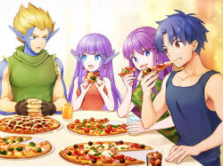 Rule 34 | 2boys, 2girls, blue eyes, breasts, cup, drink, earrings, eating, esper (saga), facial mark, fingerless gloves, food, gloves, holding, holding cup, human (saga), jewelry, long hair, medium breasts, multiple boys, multiple girls, no s, open mouth, pizza, pointy ears, purple hair, saga, saga 1, small breasts, smile