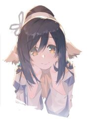Rule 34 | 1girl, :&gt;, animal ears, b zhan cm yang, black hair, brown eyes, closed mouth, cropped torso, double-parted bangs, hair between eyes, hands on own cheeks, hands on own face, kuon (utawarerumono), long hair, long sleeves, looking at viewer, scarf, sidelocks, simple background, solo, upper body, utawarerumono, utawarerumono: itsuwari no kamen, white background, yellow scarf