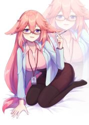 Rule 34 | absurdres, alternate costume, animal ears, black legwear, breasts, business suit, doctor, flareza, formal, fox ears, genshin impact, glasses, highres, id card, looking at viewer, mature female, office lady, pantyhose, simple background, skirt, skirt suit, squatting, suit, yae miko