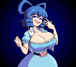 Rule 34 | 1girl, belt, blue dress, blue eyes, blue hair, blue nails, breasts, cleavage, commentary, dress, drill hair, drill sidelocks, english commentary, frilled dress, frills, hair rings, kaku seiga, large breasts, nail polish, open clothes, open vest, puffy short sleeves, puffy sleeves, quarium, short sleeves, sidelocks, smile, solo, touhou, vest, white vest