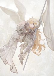 Rule 34 | 1girl, alternate hairstyle, armor, bad id, bad pixiv id, blonde hair, blue eyes, breasts, chain, curled up, fate/apocrypha, fate/grand order, fate (series), faulds, feathered wings, flag, gauntlets, greaves, headpiece, holding, holding flag, jeanne d&#039;arc (fate), jeanne d&#039;arc (ruler) (fate), jeanne d&#039;arc (third ascension) (fate), long hair, okakan, overskirt, solo, thighhighs, wings