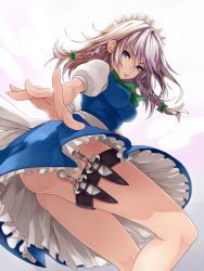 Rule 34 | 1girl, ass, bare legs, blush, bow, braid, breasts, female focus, hair bow, izayoi sakuya, knife, looking at viewer, maid, maid headdress, no panties, outstretched arm, settyaro, silver hair, simple background, solo, thigh strap, touhou, twin braids, upskirt, weapon, white background