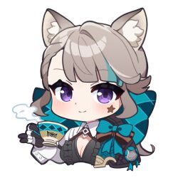 Rule 34 | 1girl, admiralkeyes, animal ear fluff, animal ears, aqua bow, black gloves, blunt bangs, blush, bow, breasts, cat ears, chibi, cleavage, commentary request, cup, facial mark, genshin impact, gloves, grey hair, highres, holding, holding cup, long hair, long sleeves, looking at viewer, lynette (genshin impact), purple eyes, simple background, smile, solo, star (symbol), upper body, white background