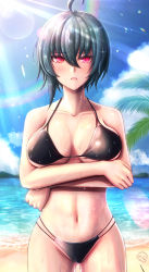 Rule 34 | 1girl, absurdres, ahoge, arms under breasts, beach, bikini, black bikini, black hair, blue sky, breasts, cleavage, cloud, cloudy sky, dead angels, highres, honkai (series), honkai impact 3rd, jacket, large breasts, looking at viewer, mole, mole under mouth, navel, open clothes, open jacket, open mouth, outdoors, purple eyes, rainbow, raven (honkai impact), sand, short hair, sky, solo, swimsuit, water