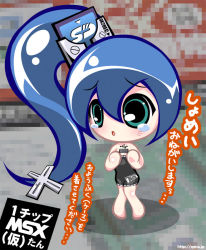 Rule 34 | 1chip msx, 1chip msx-tan, 1girl, aqua eyes, bare legs, barefoot, blue eyes, blue hair, blush, computer, full body, hair between eyes, long hair, matching hair/eyes, moe (phrase), msx, open mouth, os-tan, personification, pigeon-toed, pixelated, ponytail, sd card, second-party source, side ponytail, solo, standing, tearing up, tears, translation request, usb, watermark, web address