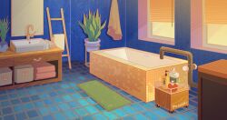 Rule 34 | artist name, bathroom, blinders, blue background, commentary, english commentary, faucet, indoors, ladder, mat, mirror, no humans, original, pegushi, plant, potted plant, scenery, shampoo bottle, sink, sky, sunrise, tile floor, tiles, towel, window, yellow sky
