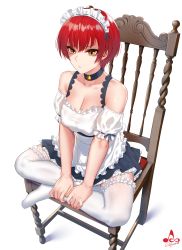 Rule 34 | 1girl, apron, artist logo, bare shoulders, black choker, brown eyes, chair, choker, closed mouth, collarbone, commentary request, detached sleeves, dress, frilled apron, frilled thighhighs, frills, highres, infinote, lips, looking at viewer, maid, maid headdress, mole, mole under eye, no shoes, original, red hair, ribbon-trimmed sleeves, ribbon trim, short hair, signature, simple background, sitting, solo, thighhighs, waist apron, white apron, white background, white thighhighs, zettai ryouiki