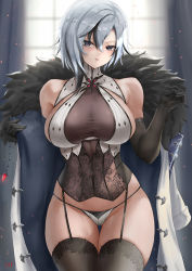 Rule 34 | 1girl, arlecchino (genshin impact), bare shoulders, black eyes, black gloves, black hair, black thighhighs, breasts, coat, commentary, cowboy shot, curtains, cyicheng, elbow gloves, fur-trimmed coat, fur trim, garter straps, genshin impact, gloves, gluteal fold, grey hair, hair between eyes, hand up, indoors, large breasts, lingerie, looking at viewer, multicolored hair, open clothes, open coat, panties, parted lips, short hair, sideboob, sleeveless, solo, standing, streaked hair, thighhighs, thighs, underwear, white coat, white panties, window