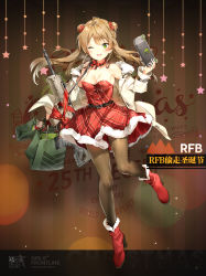 Rule 34 | 1girl, ;d, anmi, assault rifle, bag, bare shoulders, black pantyhose, blush, boots, bow, breasts, brown hair, bullpup, character name, christmas, coat, copyright name, double bun, dress, duffel coat, full body, fur trim, girls&#039; frontline, green eyes, gun, hair bow, hair bun, high heel boots, high heels, holding, kel-tec rfb, long hair, looking at viewer, medium breasts, nintendo switch, official alternate costume, official art, one eye closed, open clothes, open coat, open mouth, pantyhose, red bow, red dress, red footwear, rfb (girls&#039; frontline), rfb (how rfb stole xmas) (girls&#039; frontline), rifle, santa costume, semi-automatic firearm, semi-automatic rifle, shopping bag, smile, solo, standing, standing on one leg, thighs, weapon