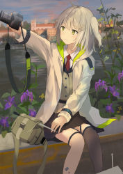 Rule 34 | 1girl, ahoge, arknights, bag, black skirt, blush, camera, city, closed mouth, collared shirt, commentary request, day, expressionless, feet out of frame, flower, hair between eyes, hair ornament, highres, holding, holding camera, jacket, koge nattou, lake, long sleeves, looking at object, necktie, open clothes, open jacket, outdoors, pleated skirt, red necktie, scene (arknights), shirt, short hair, sidelocks, single thighhigh, sitting, skirt, solo, thigh strap, thighhighs, white jacket, white shirt, yellow eyes