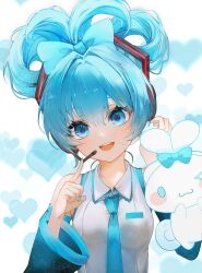 Rule 34 | 1girl, aqua bow, aqua eyes, aqua hair, aqua nails, aqua necktie, aqua trim, bare shoulders, black headphones, black sleeves, bow, breasts, cinnamiku, collared shirt, commentary request, detached sleeves, frilled shirt collar, frills, grey shirt, hair between eyes, hair bow, hair intakes, hair ornament, hands up, hatsune miku, headphones, headset, heart, highres, long sleeves, looking at viewer, necktie, onmoynn, open mouth, pointing, pointing at self, sanrio, shirt, simple background, sleeveless, sleeveless shirt, small breasts, smile, solo, teeth, tongue, updo, upper body, upper teeth only, vocaloid, white background