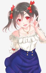 Rule 34 | 1girl, :d, absurdres, black hair, blue skirt, bow, collarbone, cowboy shot, grey background, hair between eyes, hair bow, heart pendant, highres, kobayashi nyoromichi, long hair, looking at viewer, love live!, love live! school idol project, miniskirt, off-shoulder shirt, off shoulder, open mouth, red bow, red eyes, shirt, simple background, skirt, smile, solo, standing, twintails, white shirt, yazawa nico