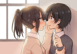 Rule 34 | 2girls, backlighting, betock, black hair, black sweater, blurry, blurry background, blush, brown eyes, brown hair, eye contact, eyelashes, green scrunchie, hand on another&#039;s cheek, hand on another&#039;s face, highres, holding another&#039;s wrist, letterboxed, long sleeves, looking at another, multiple girls, original, ponytail, revision, scrunchie, short hair, sweatdrop, sweater, window, yuri