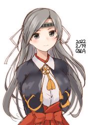 Rule 34 | 1girl, alternate hairstyle, arms behind back, blue jacket, breasts, chitose (kancolle), commentary request, dated, grey eyes, grey hair, hair down, hakama, highres, jacket, japanese clothes, kantai collection, large breasts, long hair, one-hour drawing challenge, owa (ishtail), red hakama, solo, twitter username, upper body