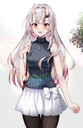 Rule 34 | 1girl, aged up, alternate costume, bag, black pantyhose, black sweater, bracelet, breasts, commentary request, drop earrings, earrings, gradient hair, grey hair, handbag, highres, hololive, horns, jewelry, large breasts, light blush, long hair, looking at viewer, multicolored hair, nakiri ayame, necklace, open mouth, pantyhose, pukara, red eyes, red hair, ribbed sweater, simple background, skin-covered horns, skirt, sleeveless, sleeveless sweater, smile, solo, streaked hair, sweater, virtual youtuber, white skirt
