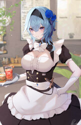 Rule 34 | 1girl, absurdres, alternate costume, apron, black dress, black hairband, blue hair, bow, bowtie, breasts, cafe, cleavage, dress, enmaided, eula (genshin impact), food, framed breasts, genshin impact, glass, gloves, hair between eyes, hairband, highres, holding, holding plate, indoors, large breasts, light particles, looking at viewer, maid, medium hair, parted lips, pisuke (user kcmh2774), plant, plate, potted plant, puffy short sleeves, puffy sleeves, purple eyes, sandwich, short sleeves, sidelocks, signature, solo, sword, unconventional maid, upper body, waist apron, waitress, weapon, white bow, white bowtie, white gloves