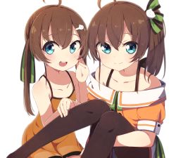 Rule 34 | 2girls, :d, aged down, ahoge, bare arms, bare shoulders, black legwear, blue eyes, blush, brown dress, brown hair, cat hair ornament, closed mouth, collarbone, commentary request, dress, dual persona, green ribbon, hair between eyes, hair ornament, hairclip, highres, hololive, hugging own legs, jacket, long hair, looking at viewer, multiple girls, natsuiro matsuri, natsuiro matsuri (1st costume), off-shoulder jacket, off shoulder, okota mikan, open mouth, orange jacket, pantyhose, pleated skirt, puffy short sleeves, puffy sleeves, ribbon, short sleeves, side ponytail, simple background, skirt, sleeveless, sleeveless dress, smile, time paradox, virtual youtuber, white background, white skirt