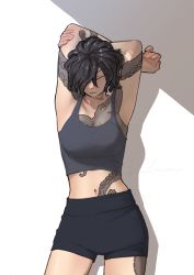 Rule 34 | 1girl, absurdres, arms up, black hair, crop top, female focus, gym shorts, hair over one eye, highres, midriff, navel, octopus, octopus tattoo, original, pueblo, shadow, short hair, shorts, solo, stretching, tattoo
