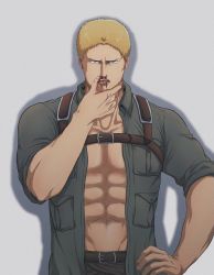 Rule 34 | 1boy, abs, bad id, bad pixiv id, bara, blonde hair, blood, bun (bbb81bun), chest belt, cowboy shot, frown, highres, leather, looking at viewer, male focus, muscular, muscular male, nosebleed, open clothes, open shirt, pectoral cleavage, pectorals, reiner braun, shingeki no kyojin, short hair, solo, wiping blood